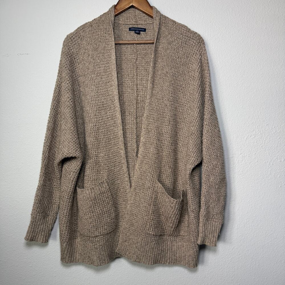 American Eagle Oversized Open Knit Cardigan XS/S Taupe Beige Slouchy Pockets